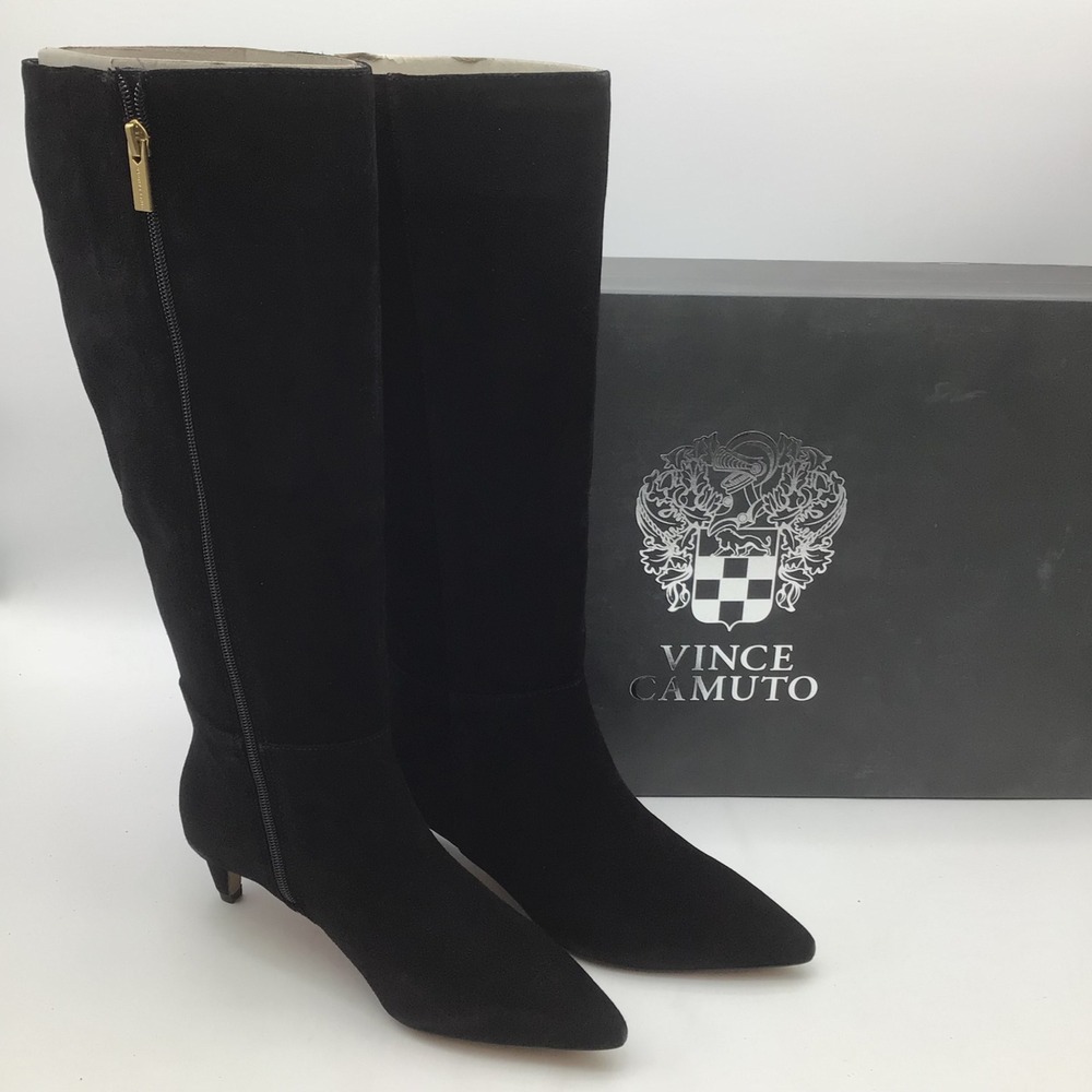 Vince Camuto Torano Black Knee High Wide Calf Kitten Heel Boots Size 7M NEW